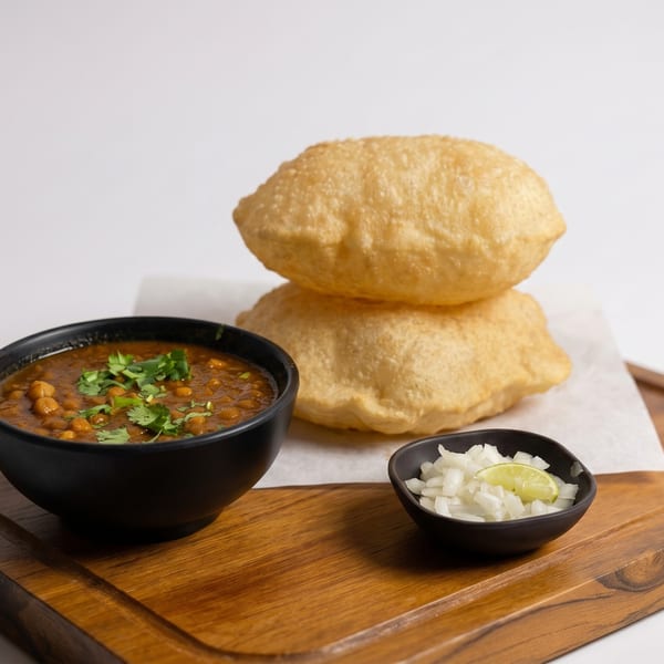A black bowl of chole with cilantro, two fluffy puris, and a side of diced onions with lime.