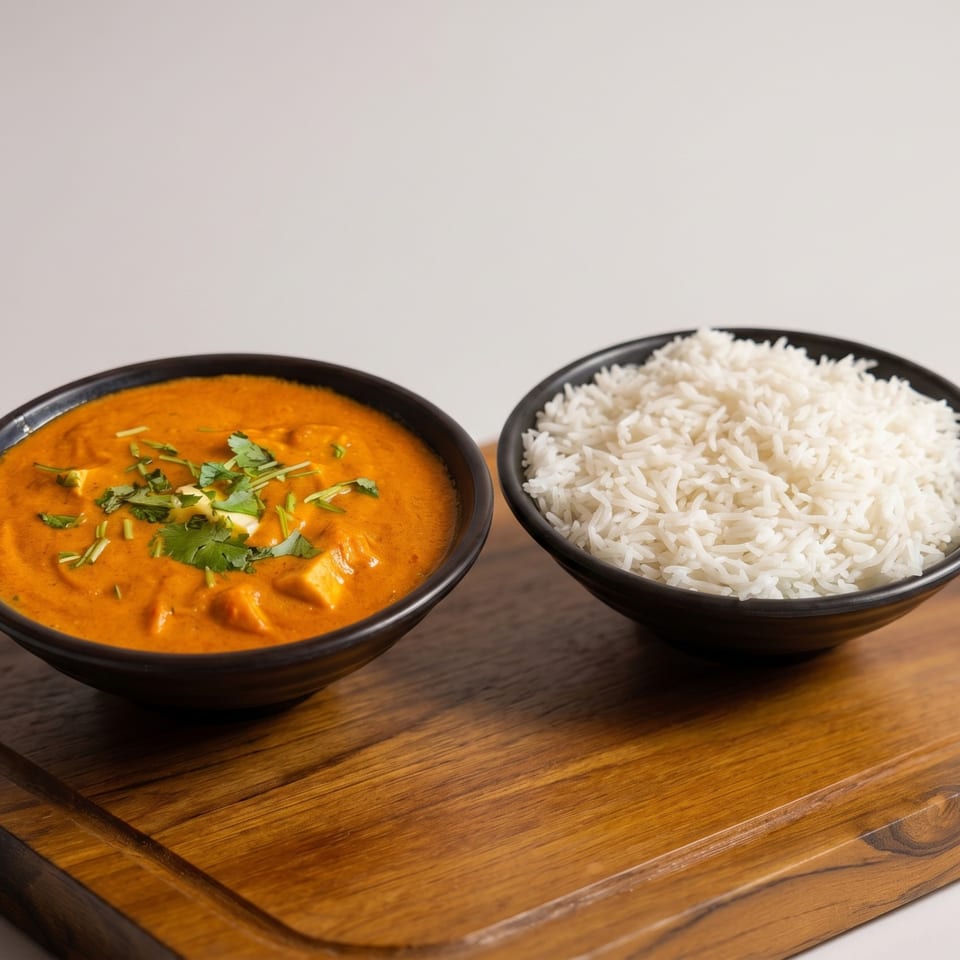 Two black bowls on a wooden board, one with orange curry and the other with white rice.