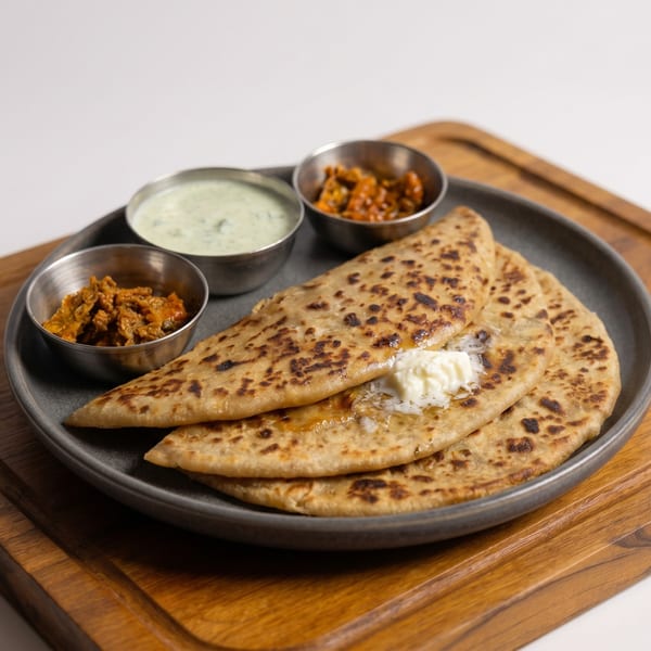 A plate of parathas with butter, green chutney, and two bowls of pickle on a wooden board.
