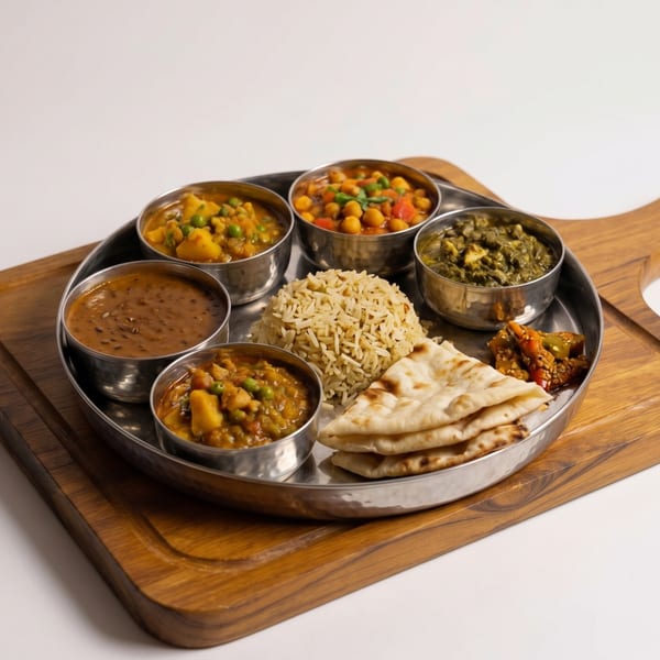 A thali platter with various Indian dishes including curries, rice, naan, and pickle on a wooden board.