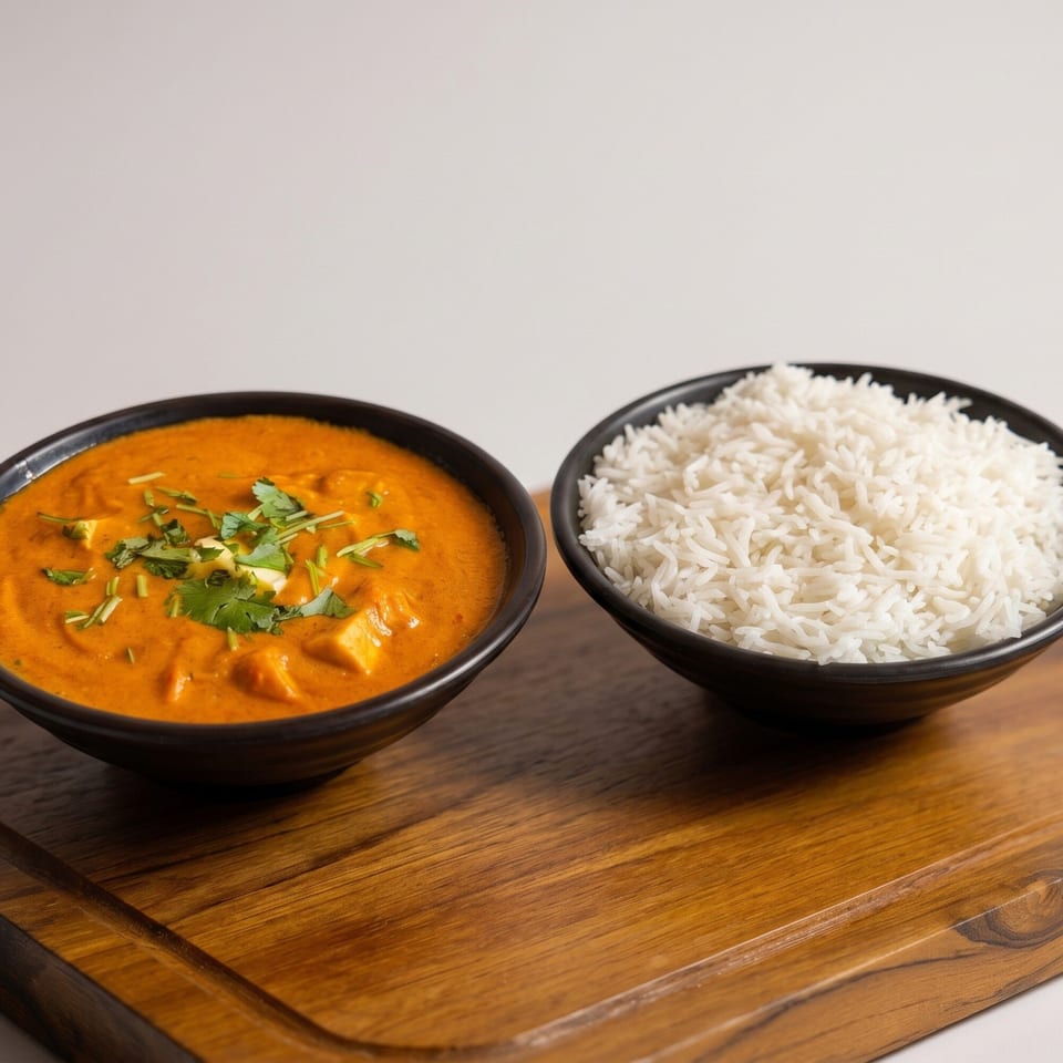 Two black bowls on a wooden board, one with orange curry and the other with white rice.