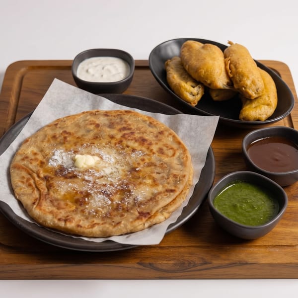 A paratha with butter and powdered sugar, fried pastries, and three dipping sauces on a wooden tray.