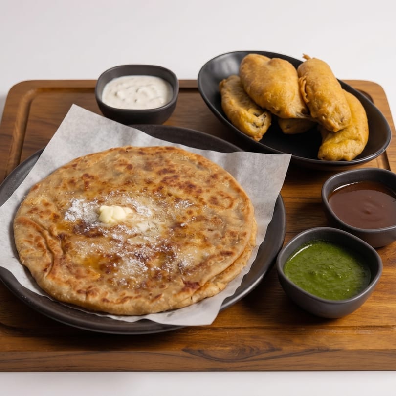 A paratha with butter and powdered sugar, fried pastries, and three dipping sauces on a wooden tray.