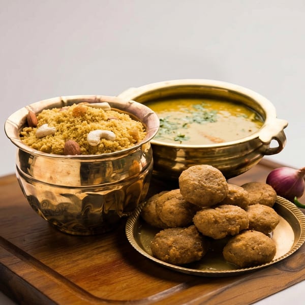 Traditional Indian food, including churma, dal, and baati, served in brass bowls on a wooden board.