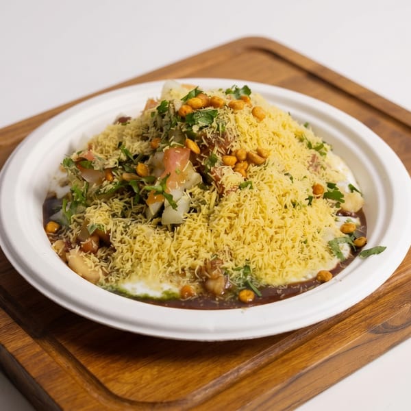 A white bowl of Indian chaat with sev, peanuts, cilantro, and sauces on a wooden board.