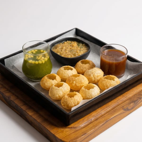 A tray of pani puri with green and brown chutneys, and a bowl of chickpea filling.