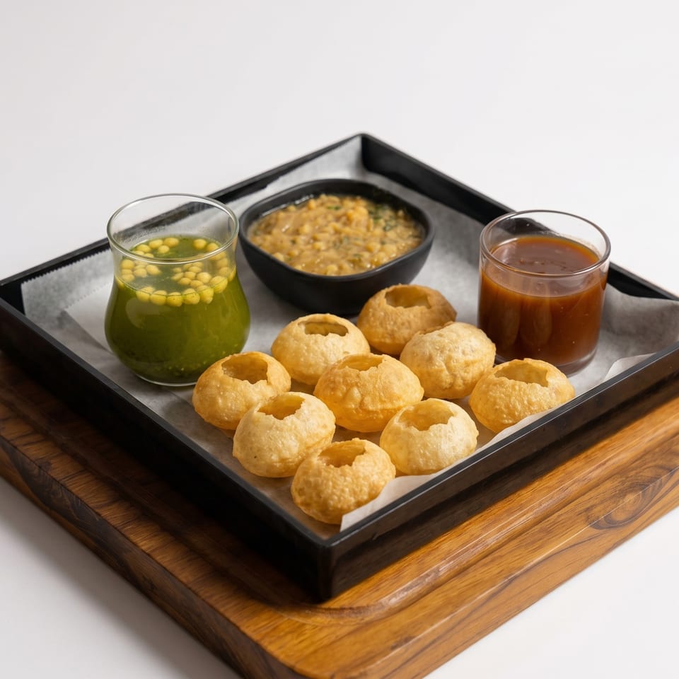 A tray of pani puri with green and brown chutneys, and a bowl of chickpea filling.