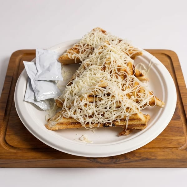 Four grilled cheese sandwiches, cut into triangles and topped with shredded cheese, on a white plate.